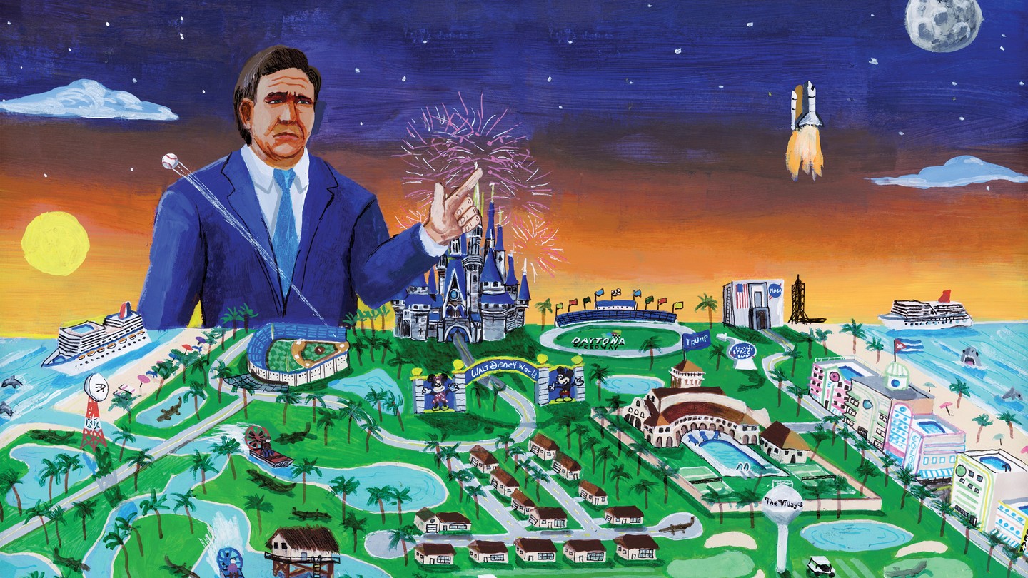 Painting of Ron DeSantis in blue suit rising over horizon between sun and moon, over landscape bordered by Gulf- and Atlantic-coast beaches, cruise ships, canals, alligators, the Daytona Speedway, Kennedy Space Center launching a rocket, Mar-a-Lago, and Disney World with fireworks