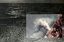 A photograph of a coastal disaster over photographs of the ocean