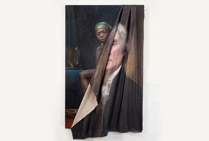 an image of an enslaved person behind a painting of Thomas Jefferson