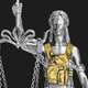 Illustration of a blindfolded statue of a woman holding up the scales of justice while wearing a police vest