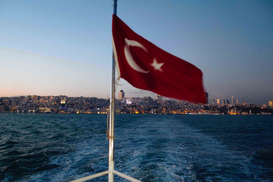 The Turkish flag over the Bosphorus on the back of a ferry from the European to the Asian sides of the city.
