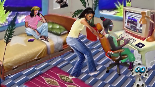 A retro illustration of young people surrounding a large desktop computer on old social media.