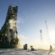 A Soyuz spacecraft, which carries astronauts to space, sits on the launchpad at Baikonur cosmodrome in Kazakhstan.