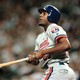 The Expos' Vladimir Guerrero hits the first of two home runs against the Diamondbacks in a 2000 game