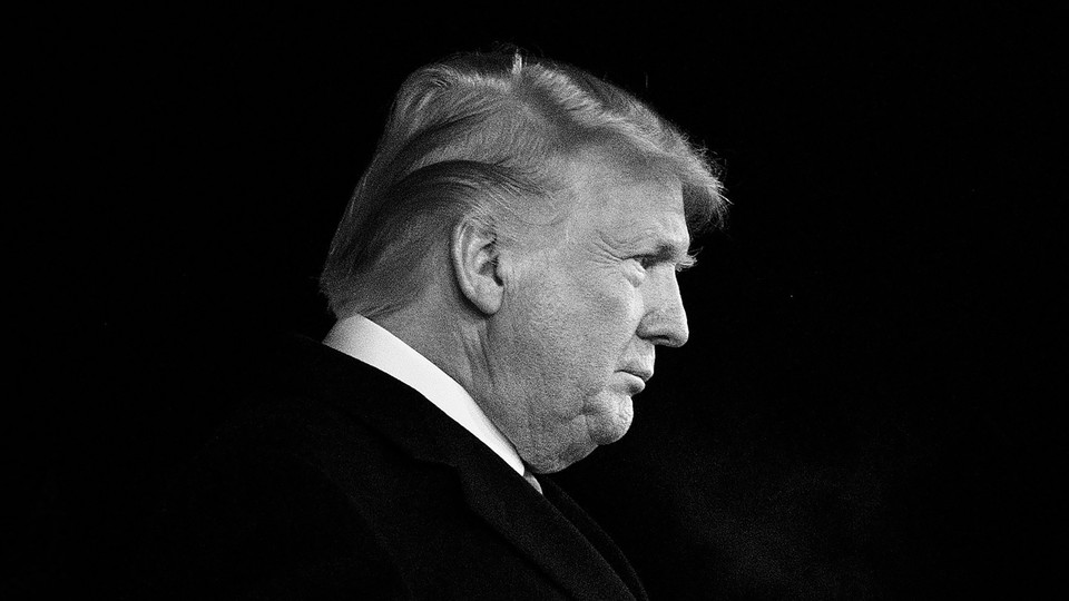 Black-and-white, medium closeup picture of Donald Trump's profile.