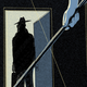 detail of illustration of woman mopping dark room barefoot with silhouette of man with hat and briefcase headed out of a lit doorway