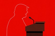 An illustration of a lectern with an empty, dotted-line silhouette of Donald Trump standing behind it