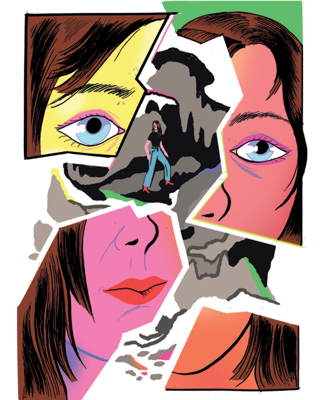 illustration of picture of woman's face shattered into 4 fragments with different vibrant-colored skin tones, surrounding image of woman in red boots walking