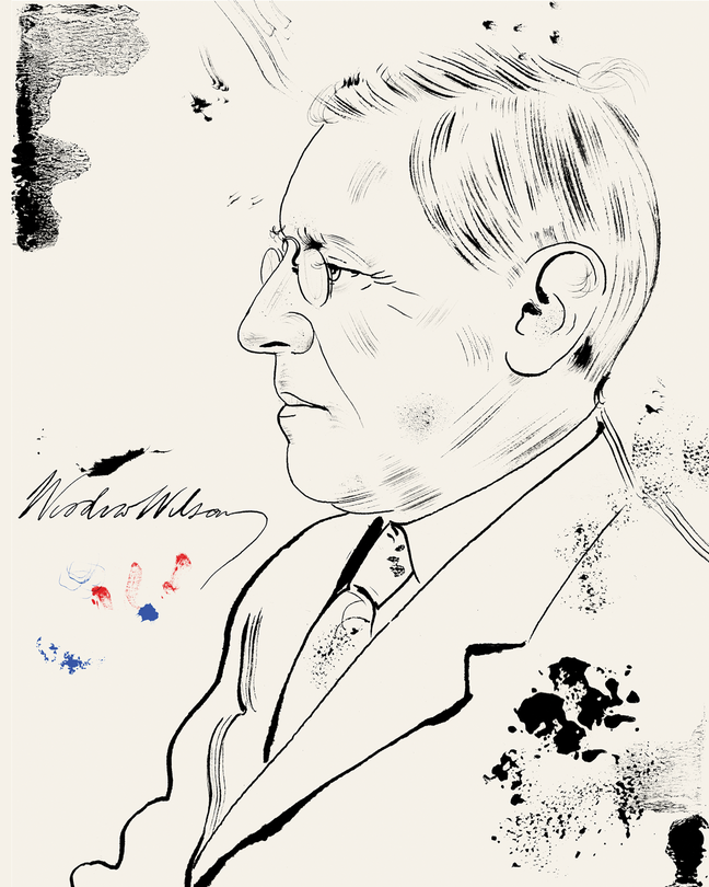 An inked illustration of President Woodrow Wilson in profile.