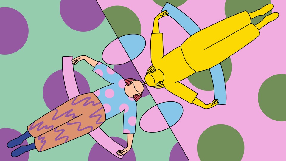 Two figures mirroring each other in perfect symmetry
