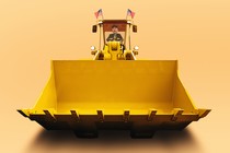 Elon Musk driving a big yellow construction bulldozer