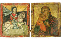 two wooden painted images linked with a cord: image of saint holding a lance and riding a horse; gilded painting of Virgin and child