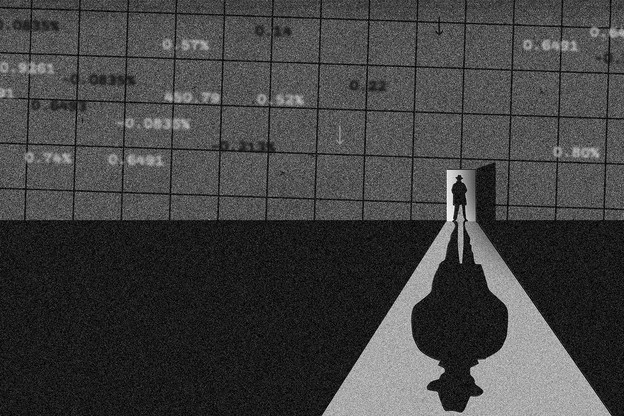 Black-and-white illustration of small figure casting long shadow in open doorway of large grid wall with stock data
