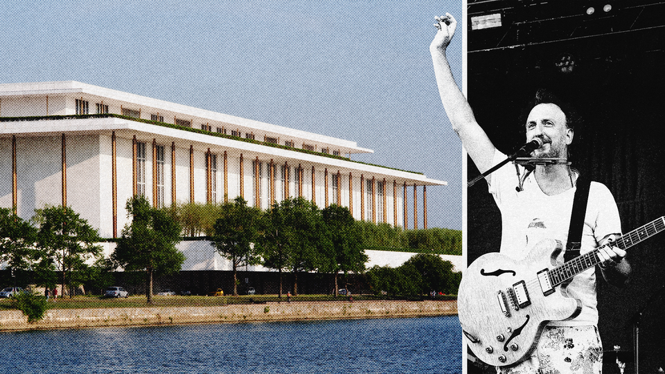 Photos of the Kennedy Center and of Ryan Miller, lead singer of Guster