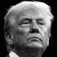 A black and white photo of Donald Trump