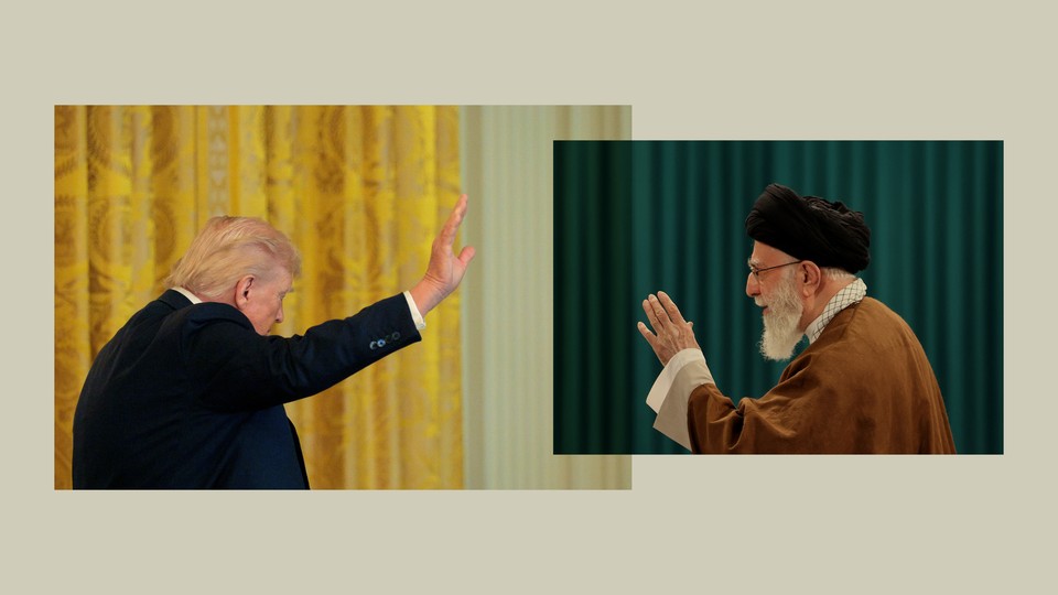 A collage of two photographs of Donald Trump and Ali Khamanei oriented towards each other with hands raised.