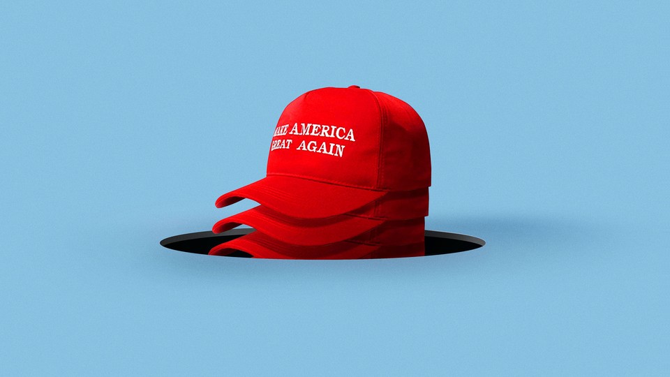 Illustration of a stack of "Make America great again" hats coming up out of a hole in the ground