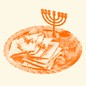 A plate with matzah, wine, and a menorah