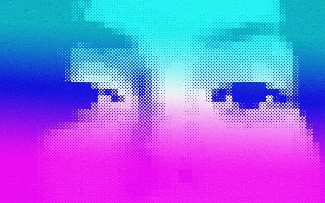 A pixelated woman's face, in a pink and blue gradient.