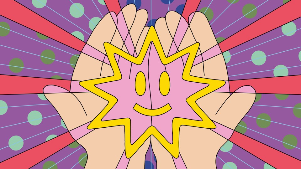 Illustration of cupped hands holding a shining, yellow smiley face within a pink star