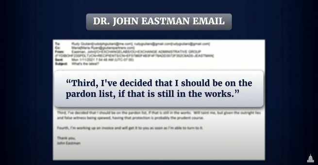 An excerpt from an email written by John Eastman. It reads: "Third, I've decided that I should be on the pardon list, if that is still in the works."