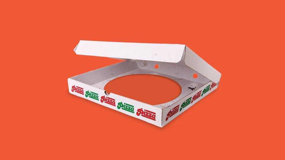 An illustration of a pizza box with a pizza-size circle cut out of the bottom