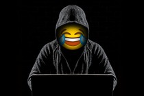 Illustration showing picture of hacker wearing hoodie, but his face is a tears-of-joy emoji