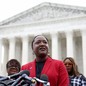 A photo of a speaker outside the Supreme Court