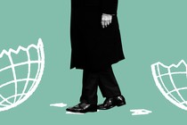Donald trump's feet stepping on a broken hand-drawn globe with fragments on the ground