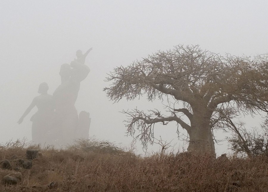 Trees and a large statue are seen in thick fog.