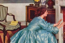 A painting of a woman warming her hands by the fire