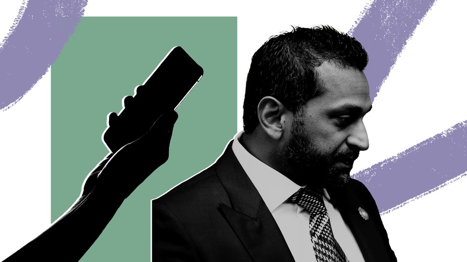 Illustration with black-and-white photo of Kash Patel and a hand holding a smartphone