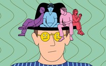 Illustration of a person wearing frowny-face sunglasses and a large hat, on which four shadowy, colorful people are perched