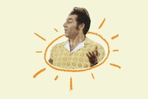 Kramer from Seinfeld wearing a yellow collared shirt with floral patterns and with an orange-sun silhouette drawn around him