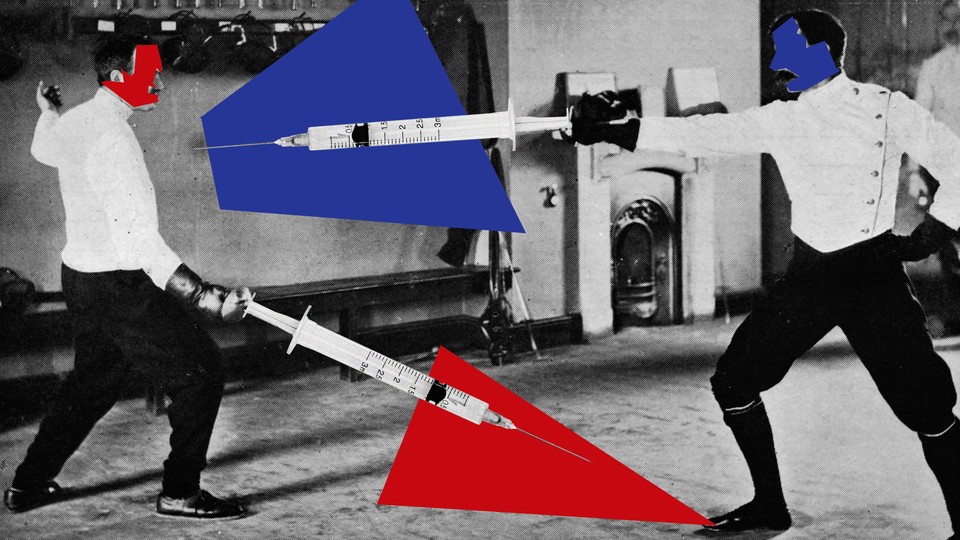 A fencing match between a blue and a red competitor, with syringes as the swords