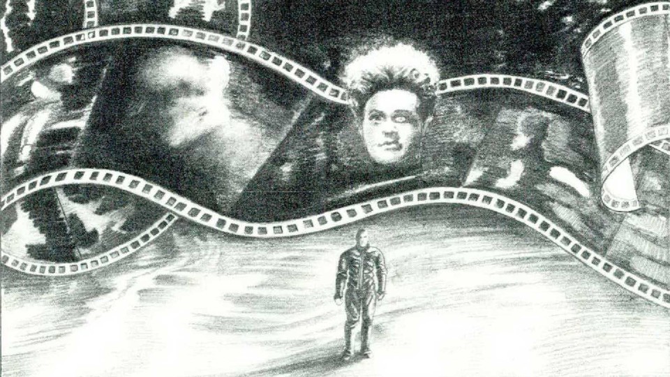 A black and white illustration of film strips with snapshots of David Lynch films such as Eraserhead