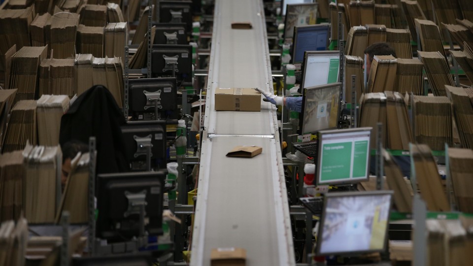 A conveyor belt in an Amazon warehouse