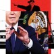 A collage of Donald Trump pointing behind a cropped photo of Joe Biden speaking