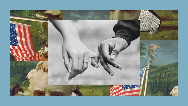 A new couple holds hands, showing off a diamond ring. The image is set into a frame featuring The Experiment’s show art.