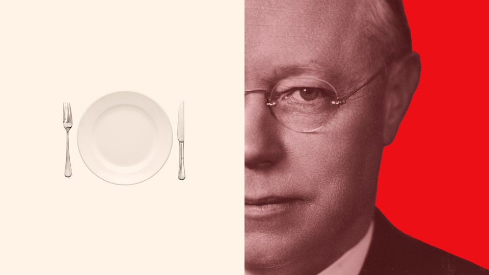 A photo of Robert Taft next to a photo of an empty plate flanked by fork and knife