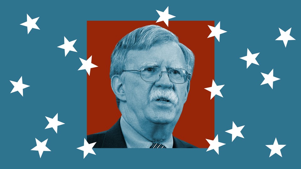Photo of guest John Bolton against a blue background and falling white stars