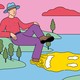 An illustration of a man sitting in a miniature landscape with his feet in a river where a smiley face is reflected
