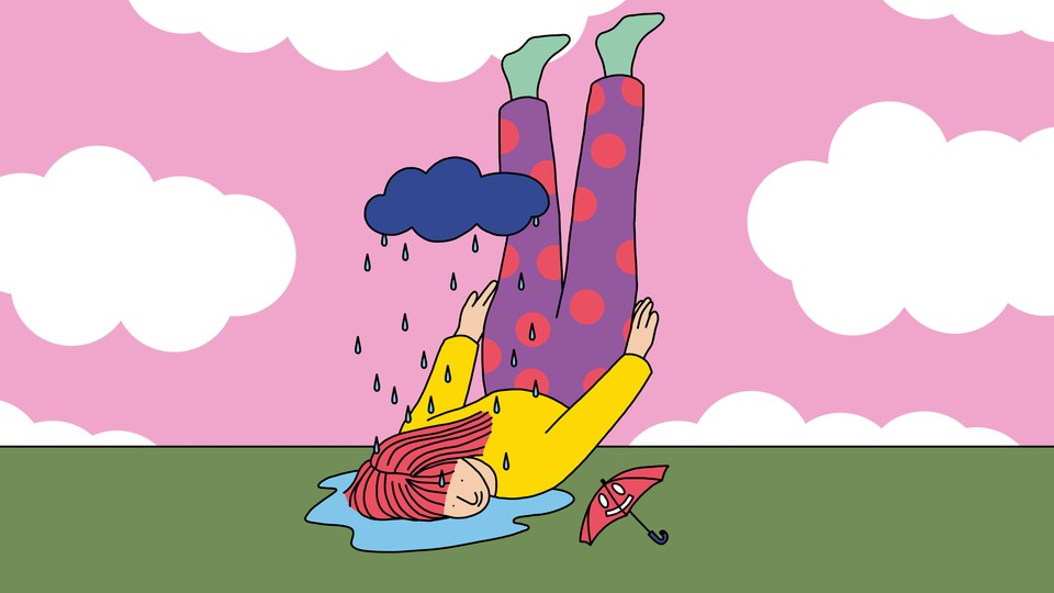 Illustration of an upside down woman with a cloud raining on her head and an umbrella with a smiley face beside her