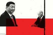 Black-and-white photos of Xi Jinping and Joe Biden against a thick red bar