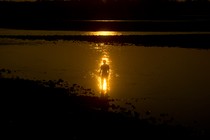 Silhouetted person and gleaming sun reflected on water