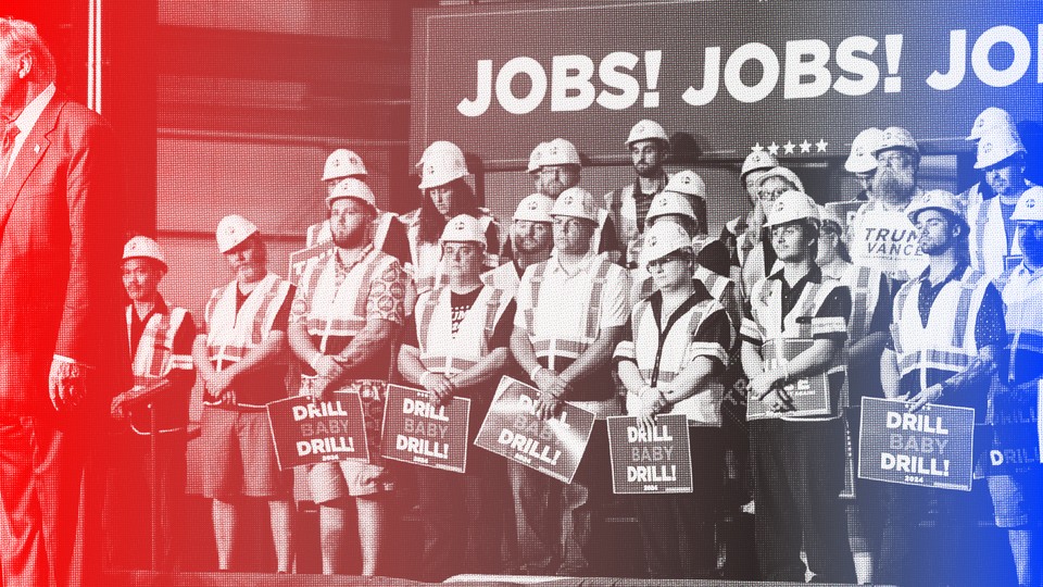 Workers in hard hats listen to Trump speak.