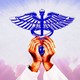 An illustration of hands holding a caduceus.