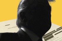 A photo illustration that includes Donald Trump in shadow and documents filled with redactions
