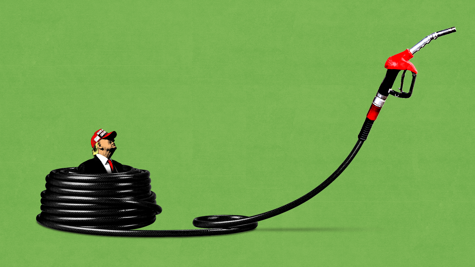 Illustration of Donald Trump wearing a red "MAGA" cap standing in a circular coil of gas pipes as the nozzle is propped up next to him