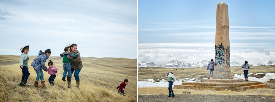 left: photo of Jade-Heather Hinman with five of her seven kids; right: photo of a memorial obelisk at Camp Disappointment, on the Blackfeet Reservation